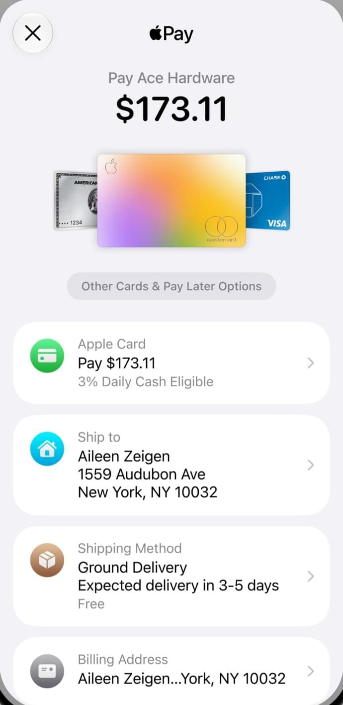 Apple Pay sheet showing the total, the card, a shipping address, a shipping method, and a billing address