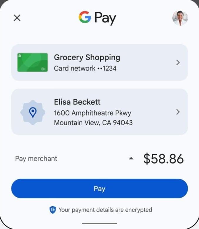 Google Pay sheet showing the card, a shipping address, the total, and a Pay button