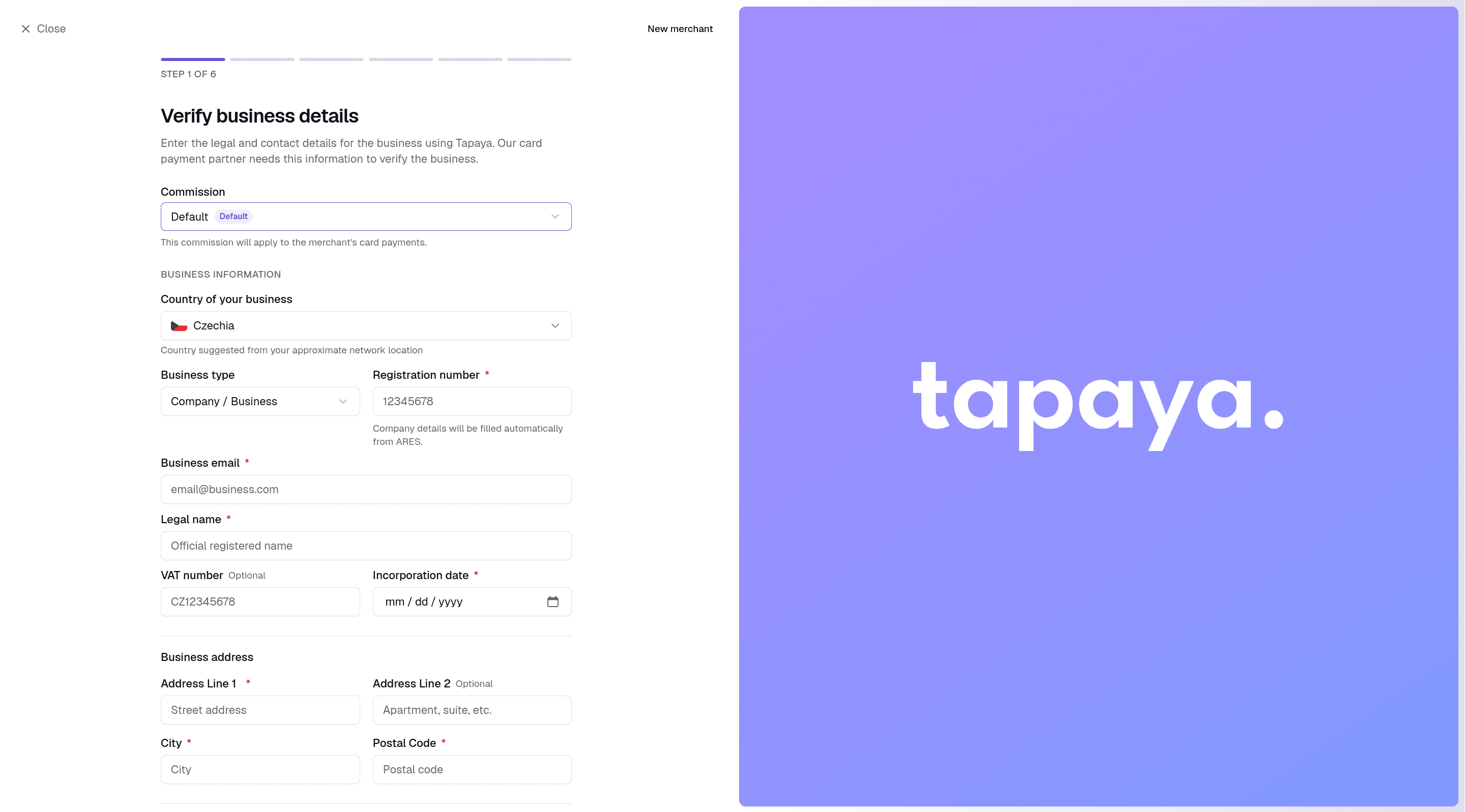 Merchant business details form in the Tapaya Platform